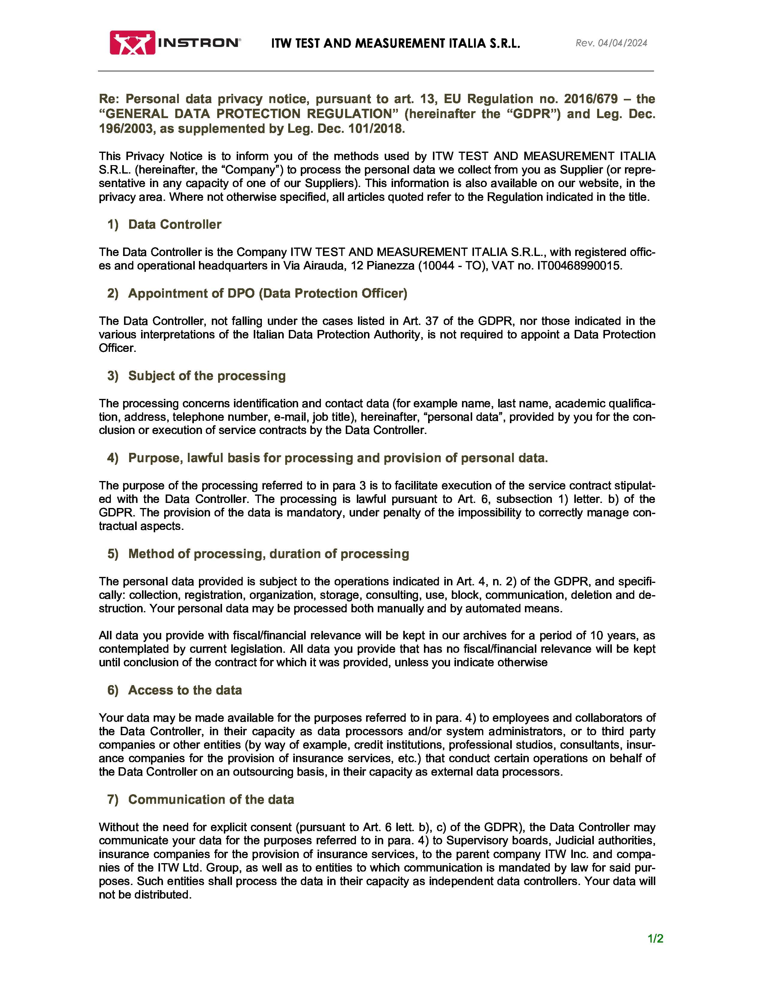 Privacy Notice for Suppliers