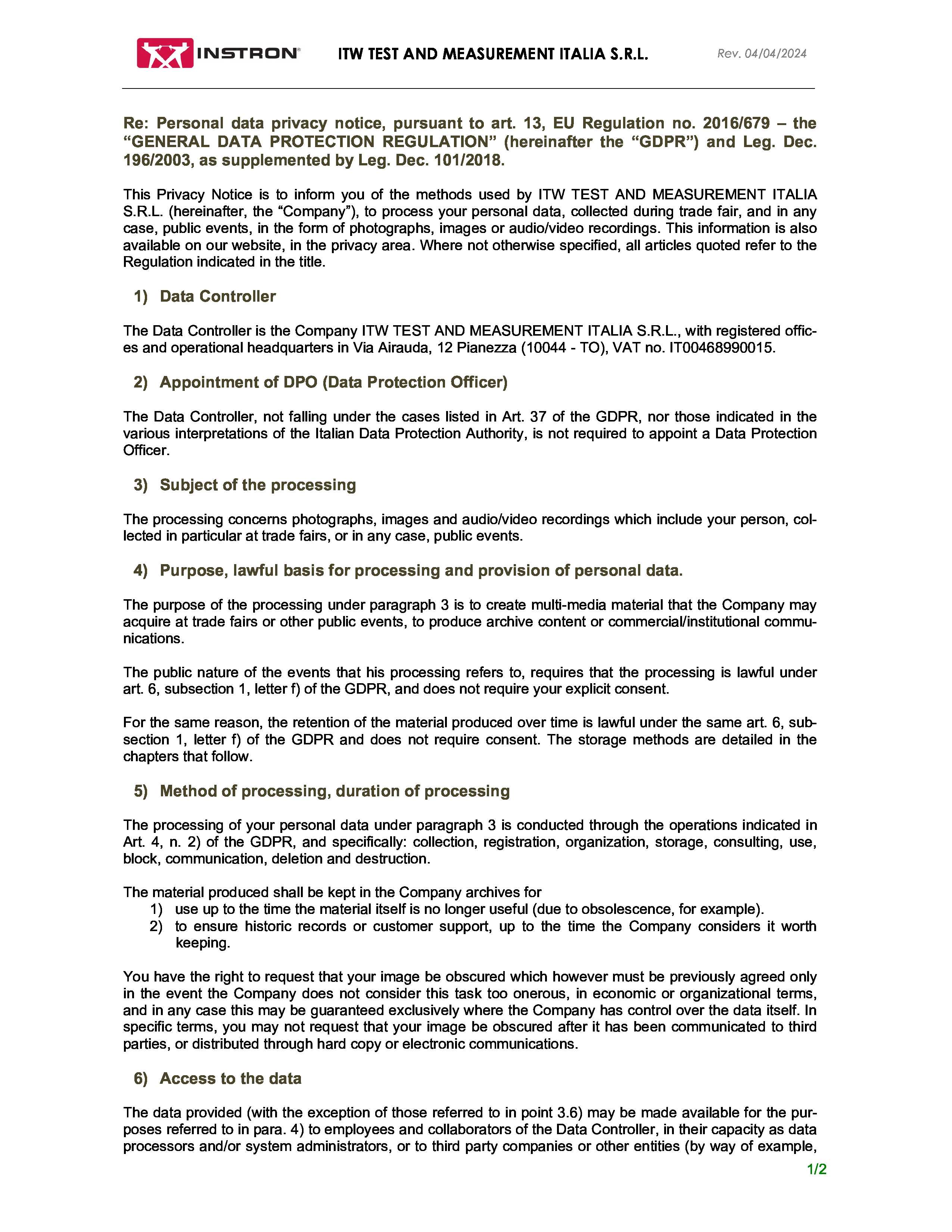 GDPR Privacy Notice for Trade Fairs and Events