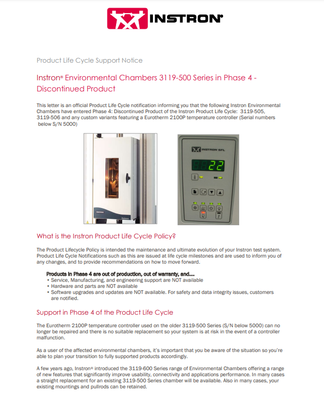 Instron® Environmental Chambers 3119-500 Series in Phase 4 – Discontinued Product