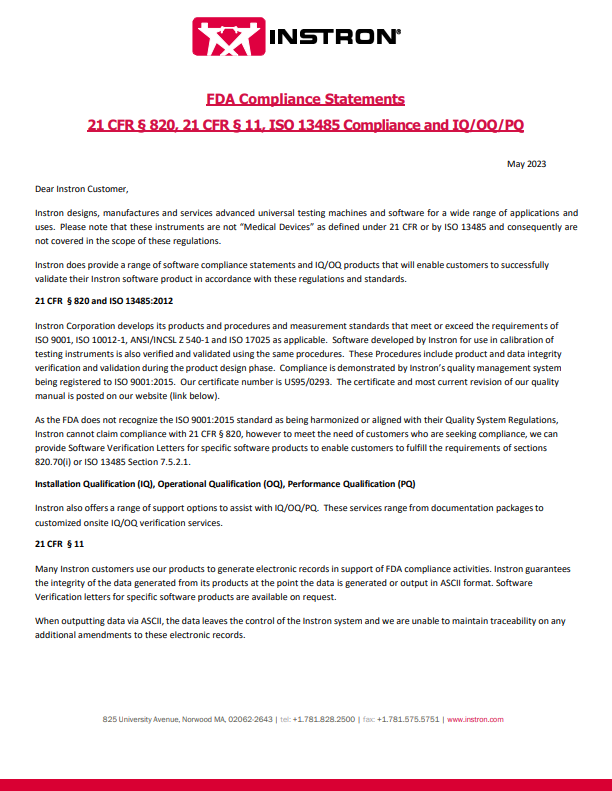 Instron FDA Compliance Statements