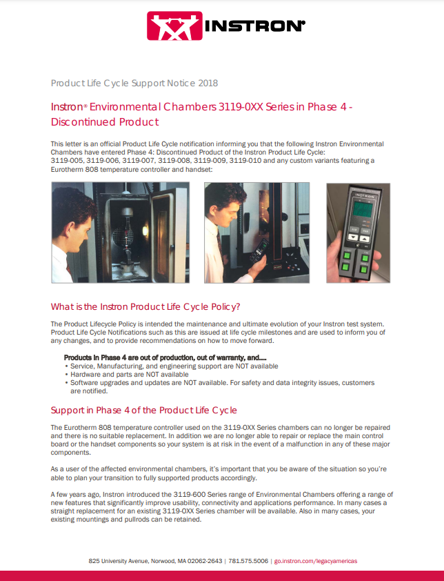 Instron® Environmental Chambers 3119-0XX Series in Phase 4 – Discontinued Product