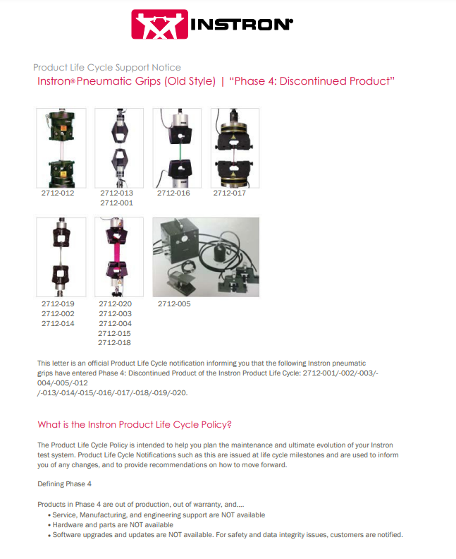 Life Cycle Notice Letter: Instron® Pneumatic Grips (Old Style) | Phase 4: Discontinued Product