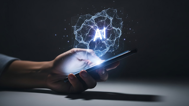 A hand holding a smartphone displaying a glowing holographic AI neural network sphere with the letters "AI" in a dark studio setting | Instron