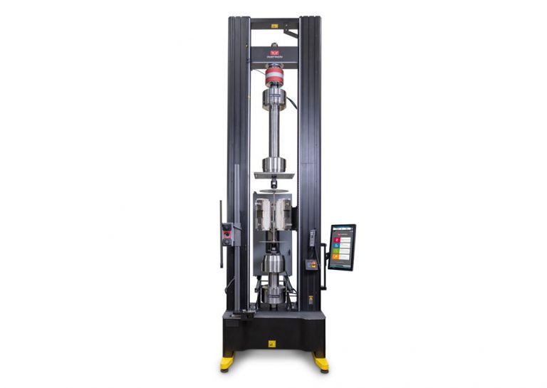 Instron 68FM universal testing system in extra height configuration with an environmental chamber, furnace, hydraulic wedge grips, video extensometer, and AlignPro alignment device mounted in the load string, with Bluehill Universal software.
