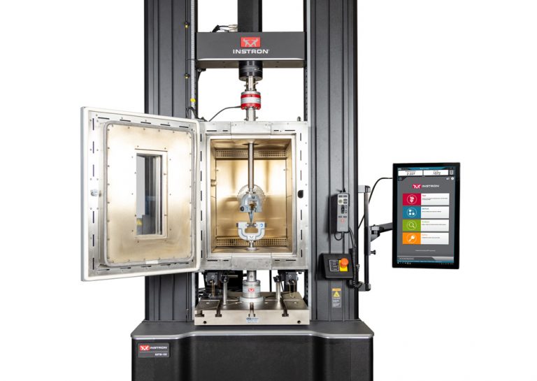 Instron 68FM-100 floor model universal testing system with Torsion Add-On 3.0 and an open environmental chamber for axial-torsional testing