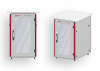 Two lab equipment enclosures with glass doors, red frames, and a white top, shown in perspective view (Instron Labtronics EVO).